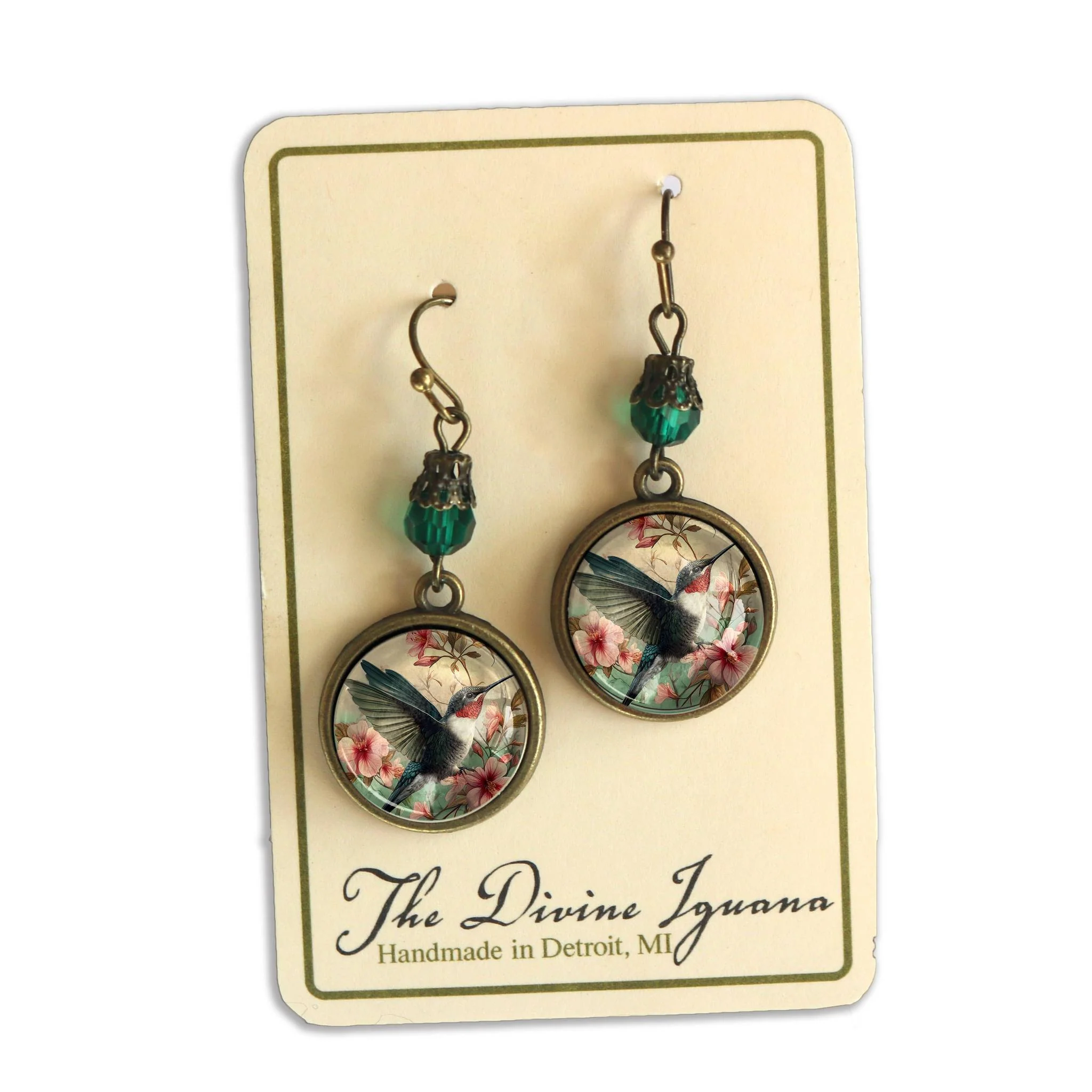 Hummingbird Art Nouveau Glass Cabochon Earrings | Antique Bronze Floral Dangle Jewelry - Image 5