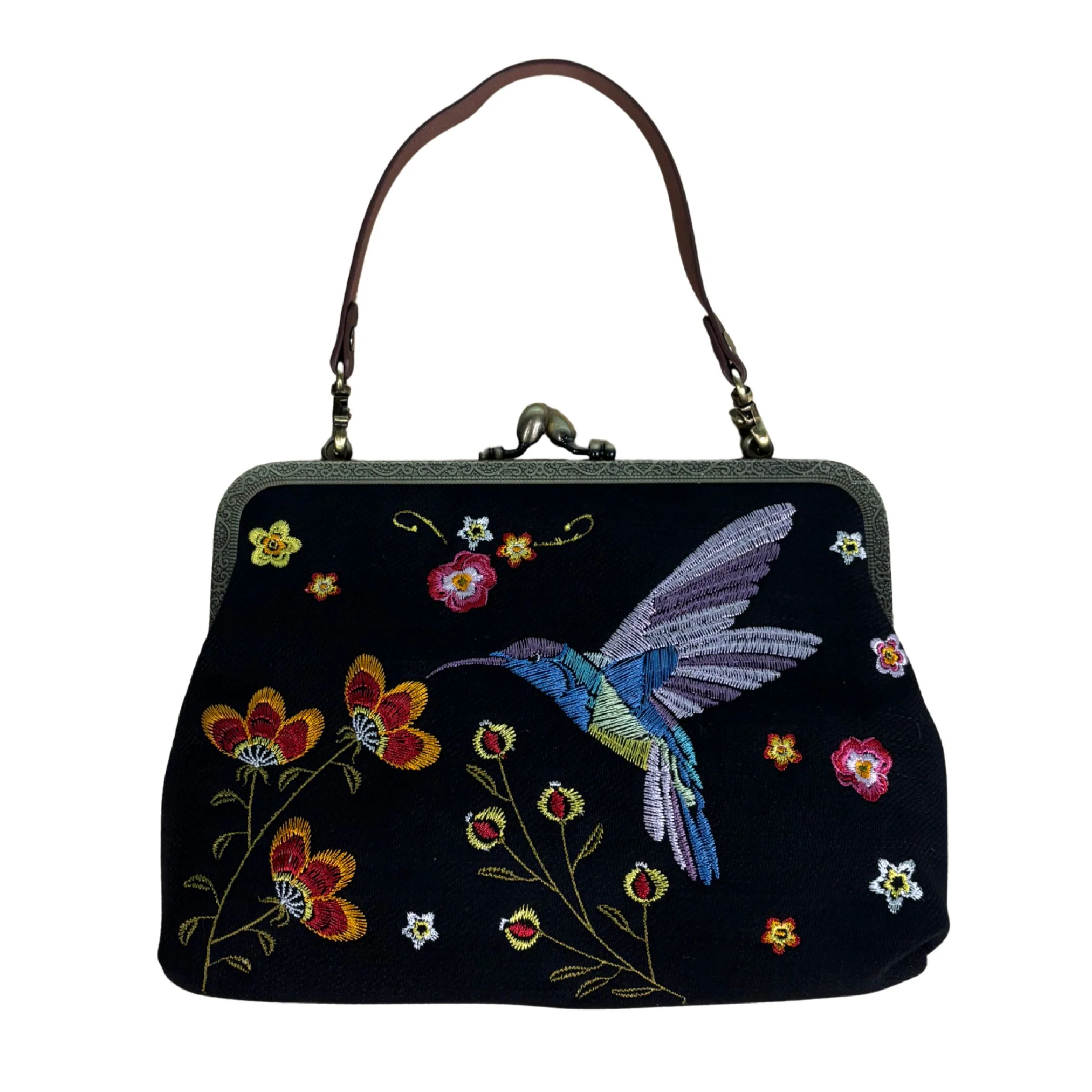 Hummingbird Kisslock Bag in Black | Embroidered Floral Handheld Shoulder Bag - Image 10