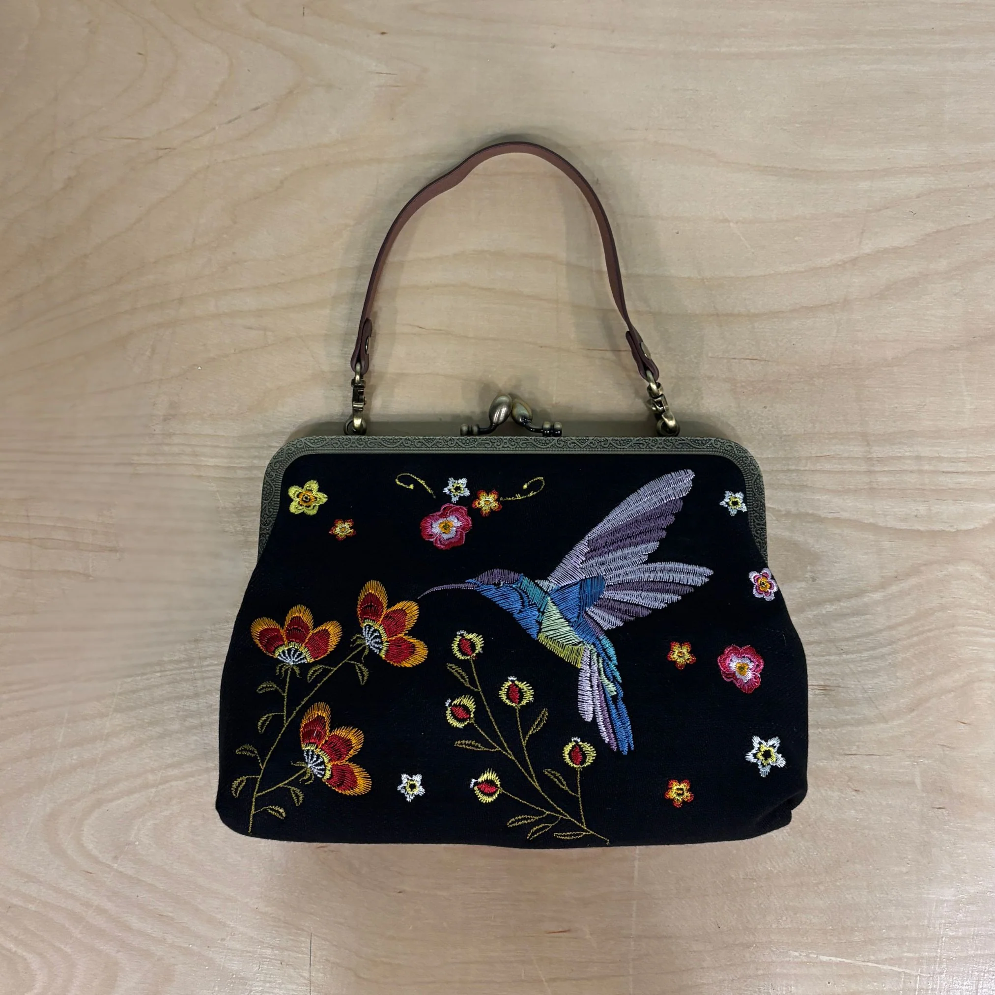Hummingbird Kisslock Bag in Black | Embroidered Floral Handheld Shoulder Bag - Image 11