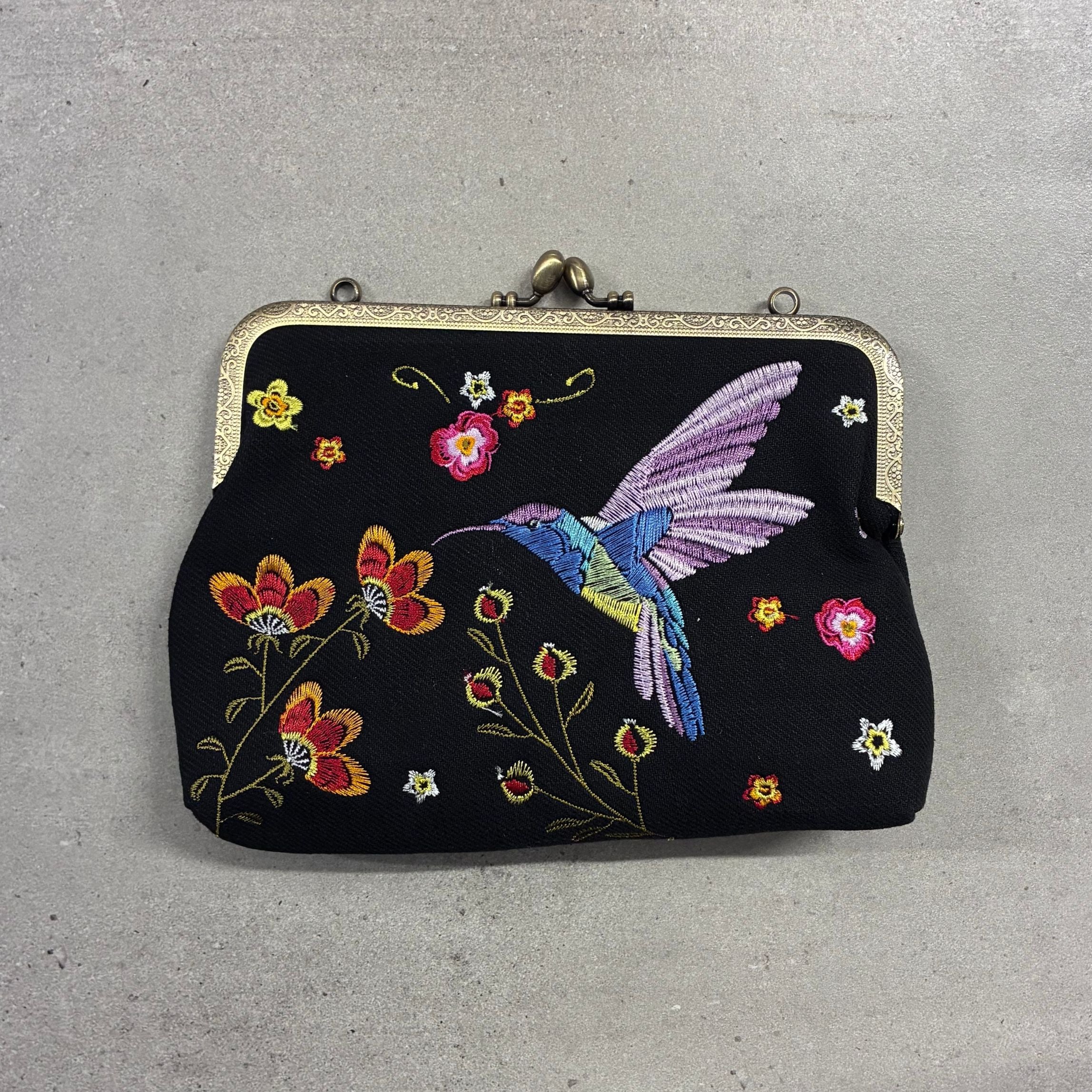 Hummingbird Kisslock Bag in Black | Embroidered Floral Handheld Shoulder Bag - Image 4