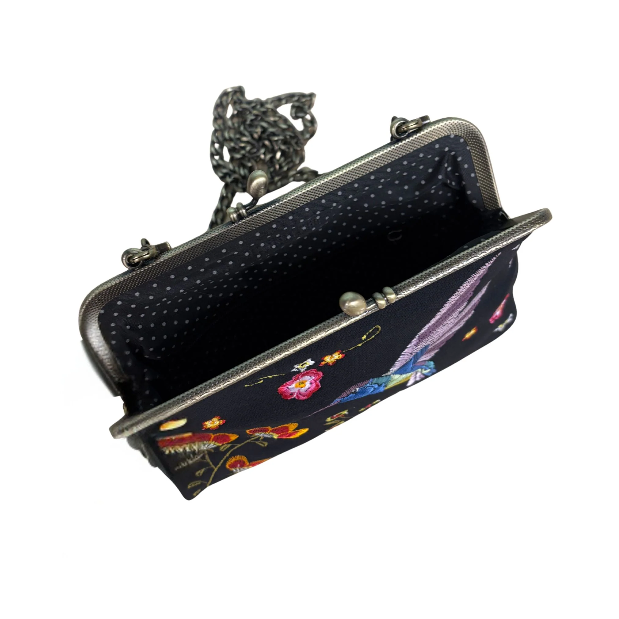 Hummingbird Kisslock Bag in Black | Embroidered Floral Handheld Shoulder Bag - Image 7