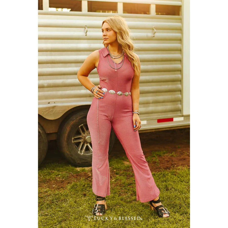 Petite Fit Hyper Pink Shimmer Collared Sleeveless Jumpsuit [Sizes SM-1X] - Image 4