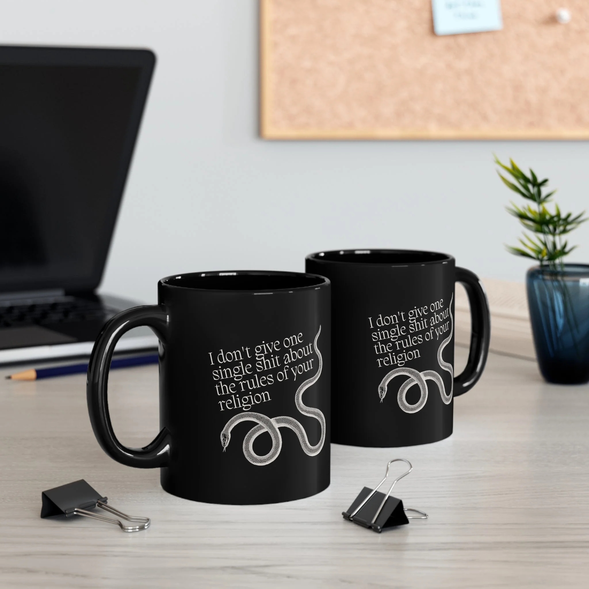 I Don't Give One Single Shit About the Rules of Your Religion Snake Mug in Black - Image 4