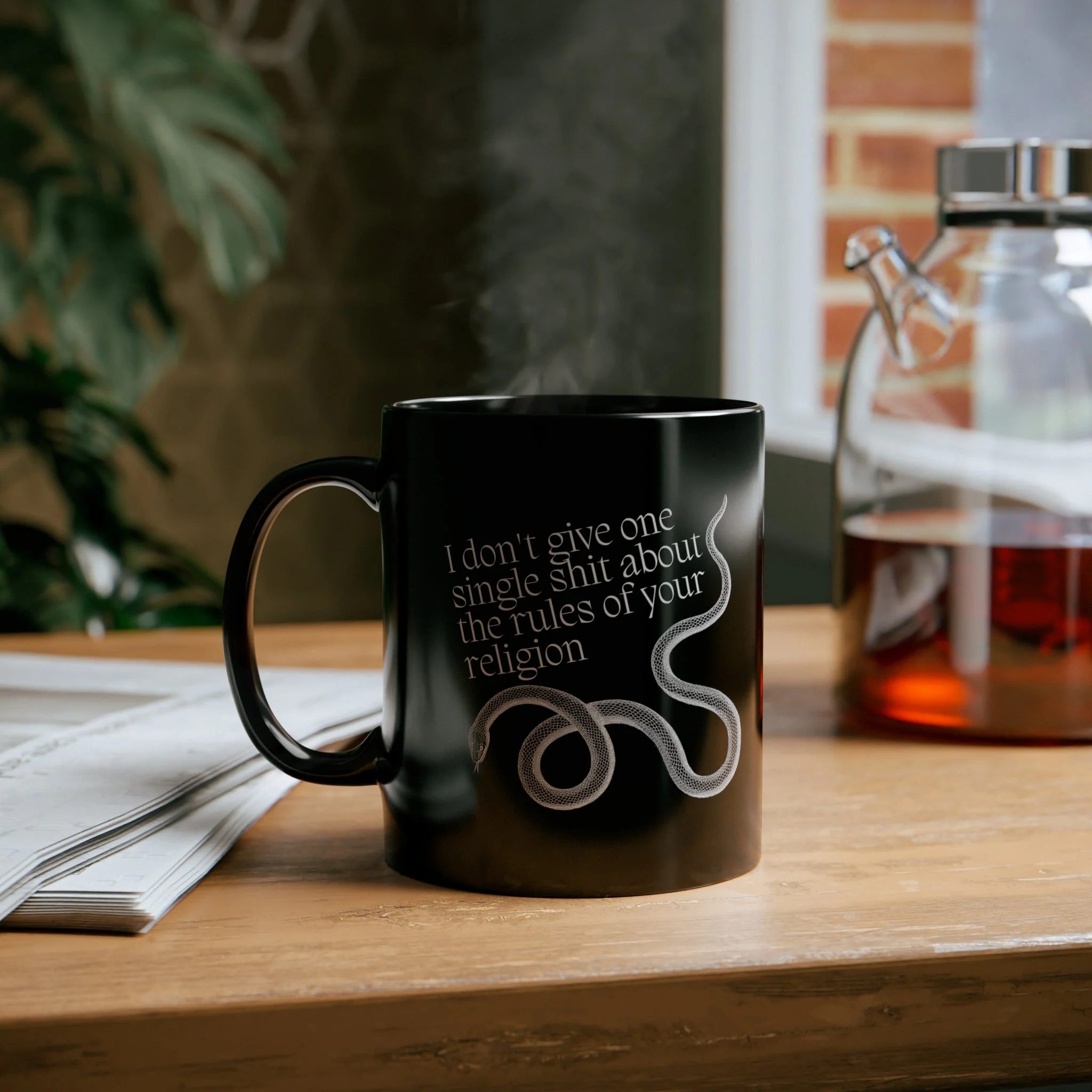 I Don't Give One Single Shit About the Rules of Your Religion Snake Mug in Black - Image 5