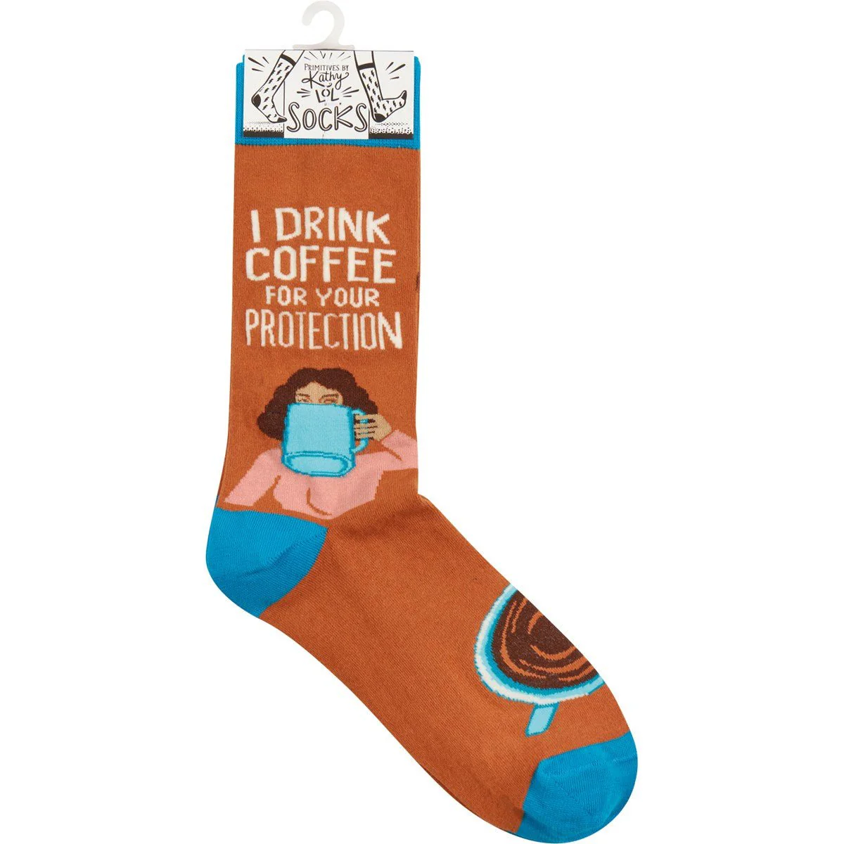 I Drink Coffee For Your Protection Funny Socks in Aqua Blue and Brown | Unisex - Image 2
