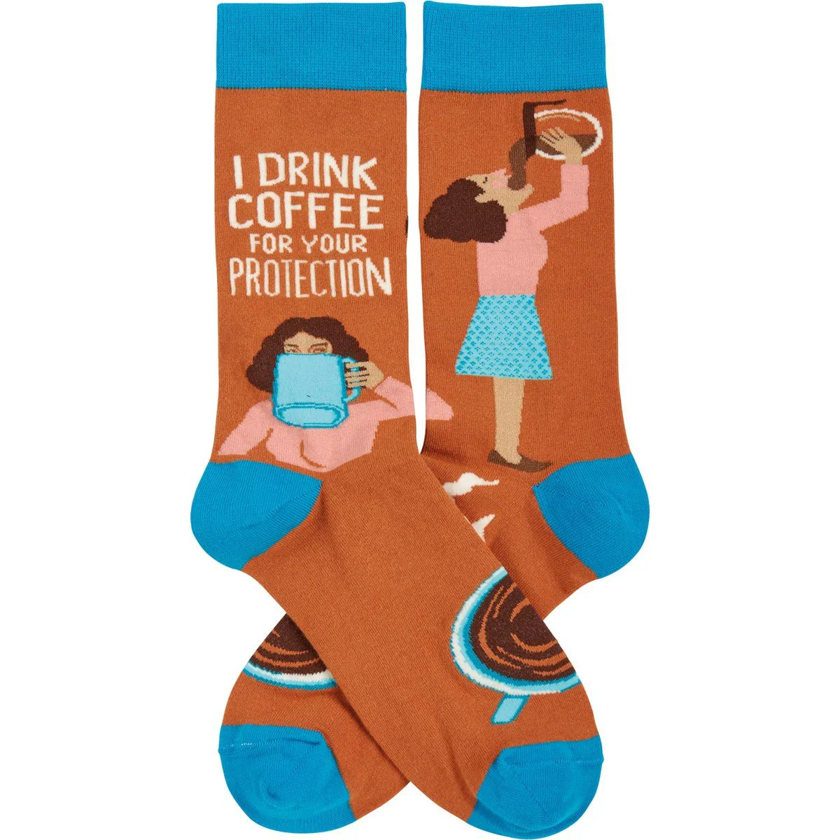 I Drink Coffee For Your Protection Funny Socks in Aqua Blue and Brown | Unisex - Image 3