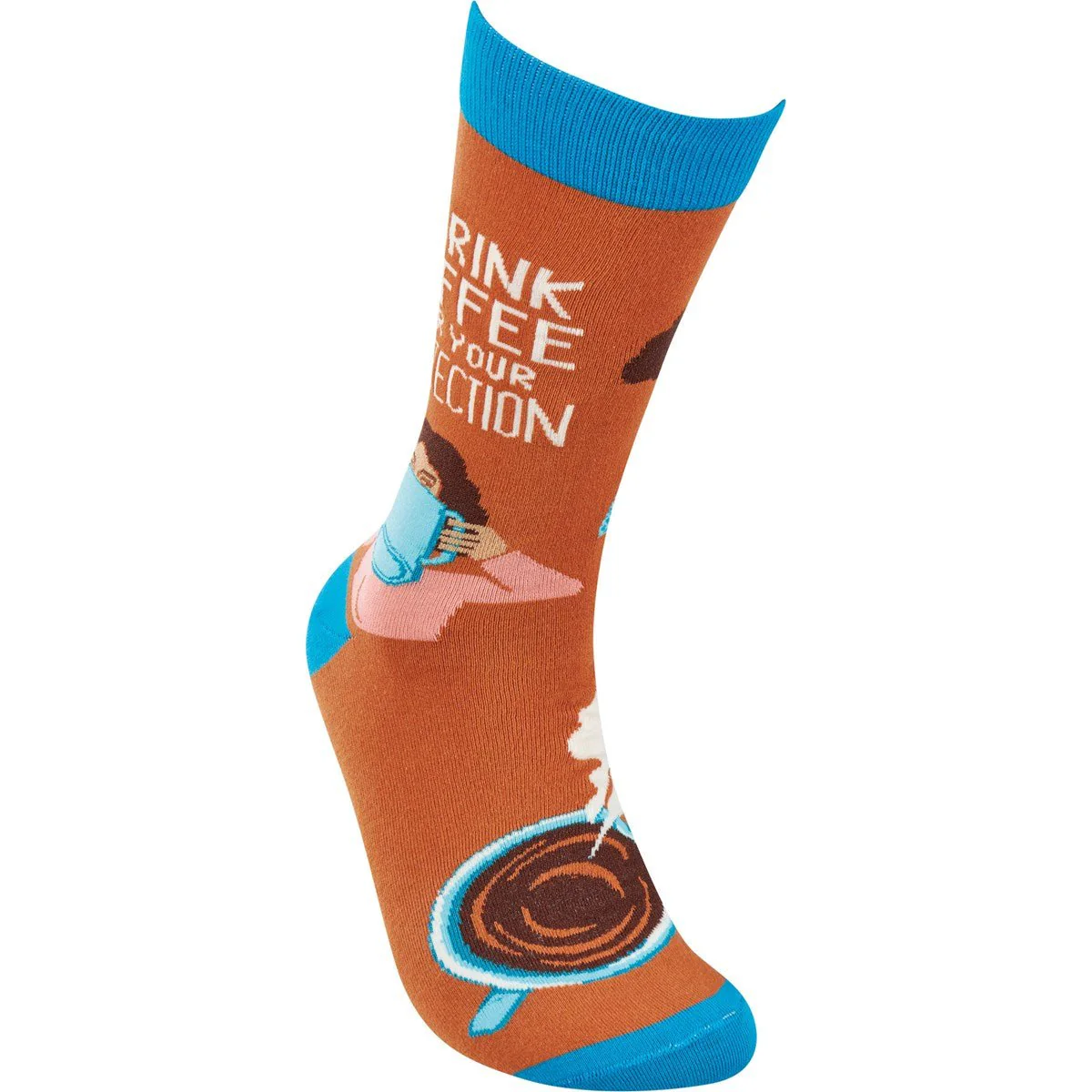 I Drink Coffee For Your Protection Funny Socks in Aqua Blue and Brown | Unisex - Image 4