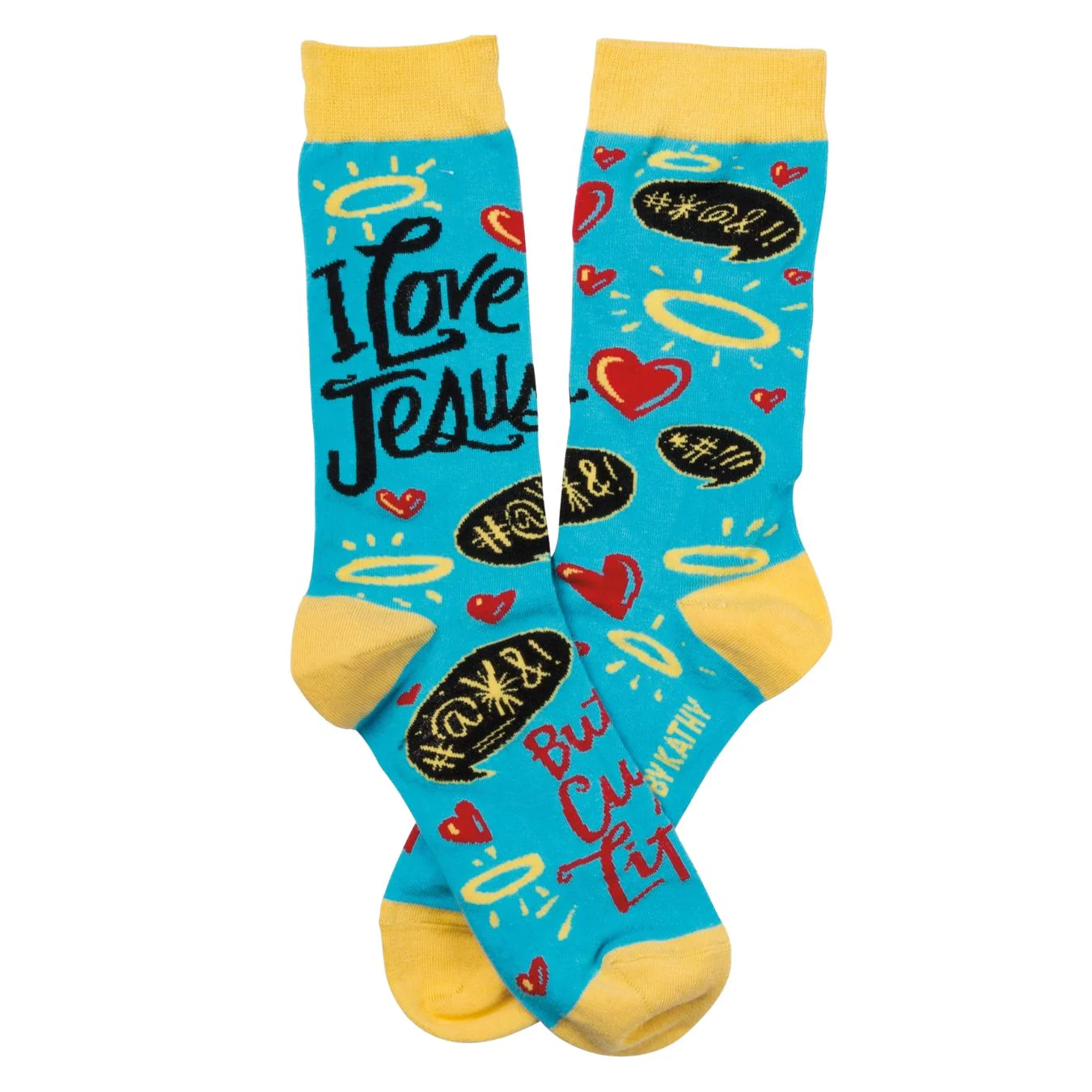 I Love Jesus But I Cuss a Little Crew Socks in Blue and Yellow - Image 3