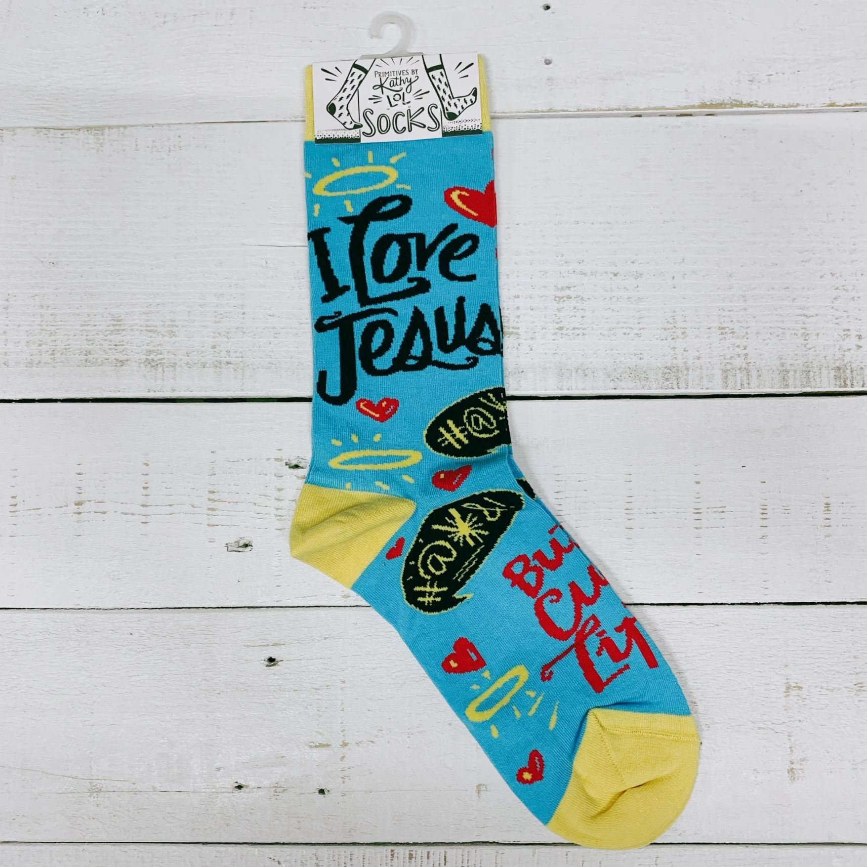 I Love Jesus But I Cuss a Little Crew Socks in Blue and Yellow - Image 4