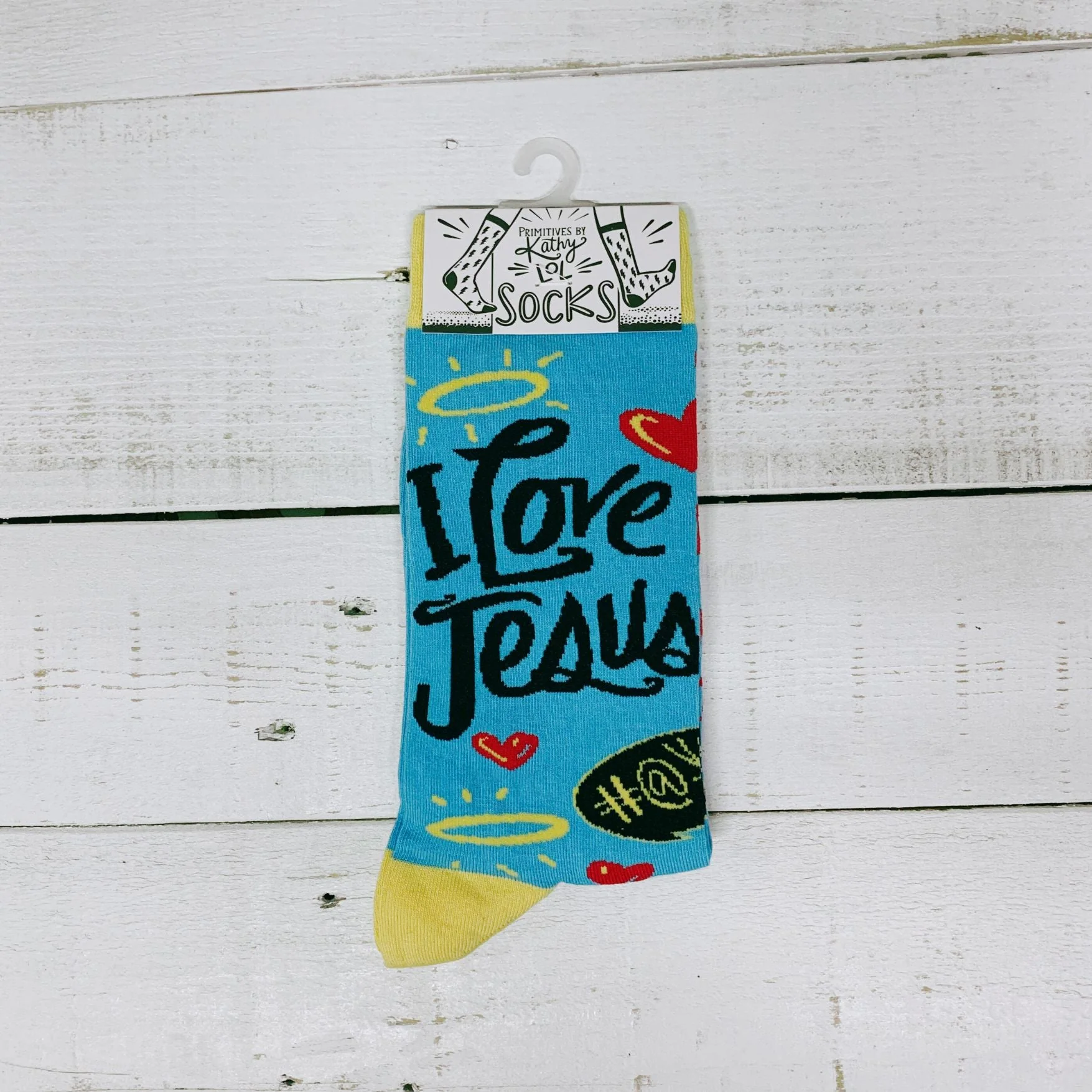 I Love Jesus But I Cuss a Little Crew Socks in Blue and Yellow - Image 5