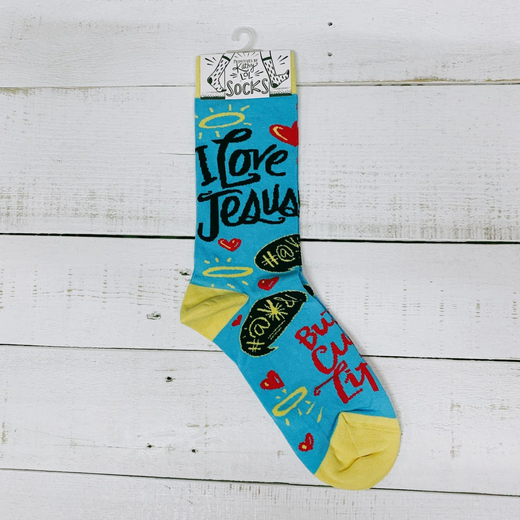 I Love Jesus But I Cuss a Little Crew Socks in Blue and Yellow - Image 6