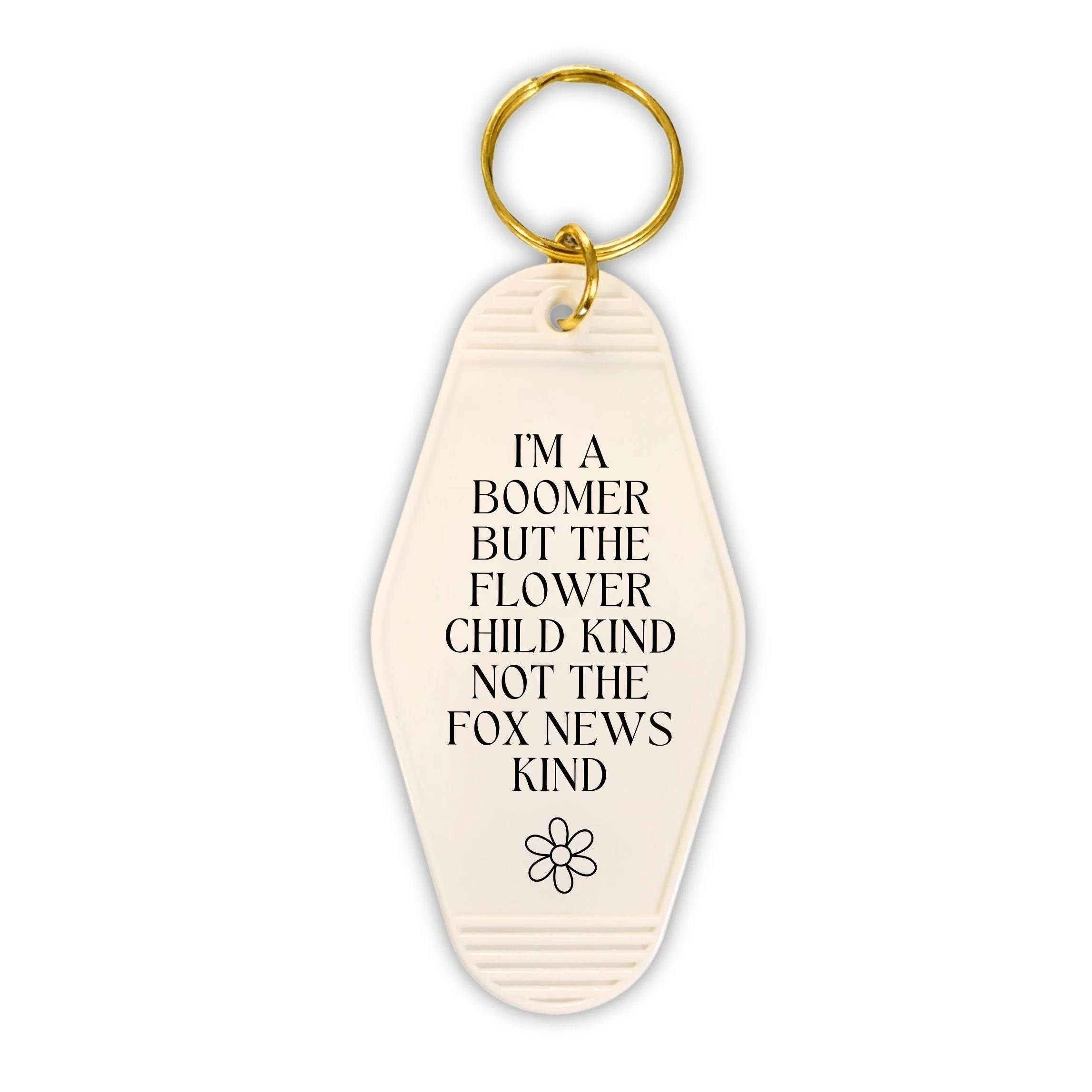 I’m a Boomer But Not the Fox News Kind Motel Style Keychain in White - Image 3