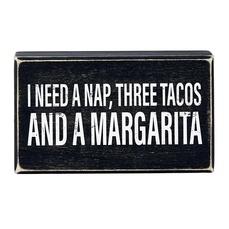 I Need A Nap, Three Tacos And A Margarita Box Sign | Rustic Wooden Decor | 6" x 3.5" - Image 2