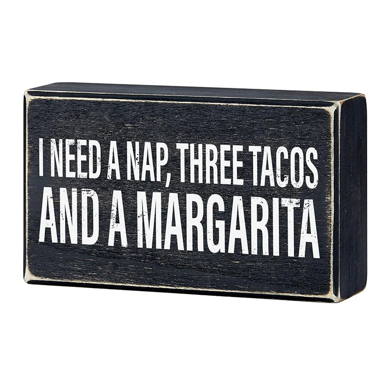 I Need A Nap, Three Tacos And A Margarita Box Sign | Rustic Wooden Decor | 6" x 3.5" - Image 3
