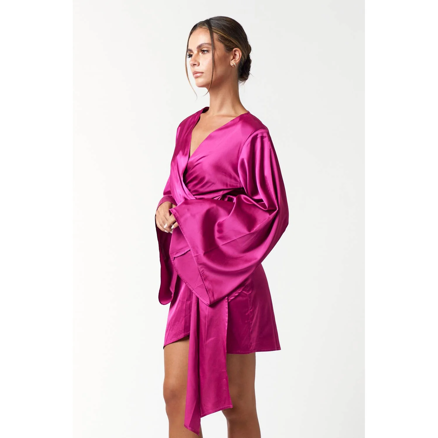Satin Bell Long Sleeve Wrap Mini Dress in Magenta [Available in Sizes SM-L] - Image 3