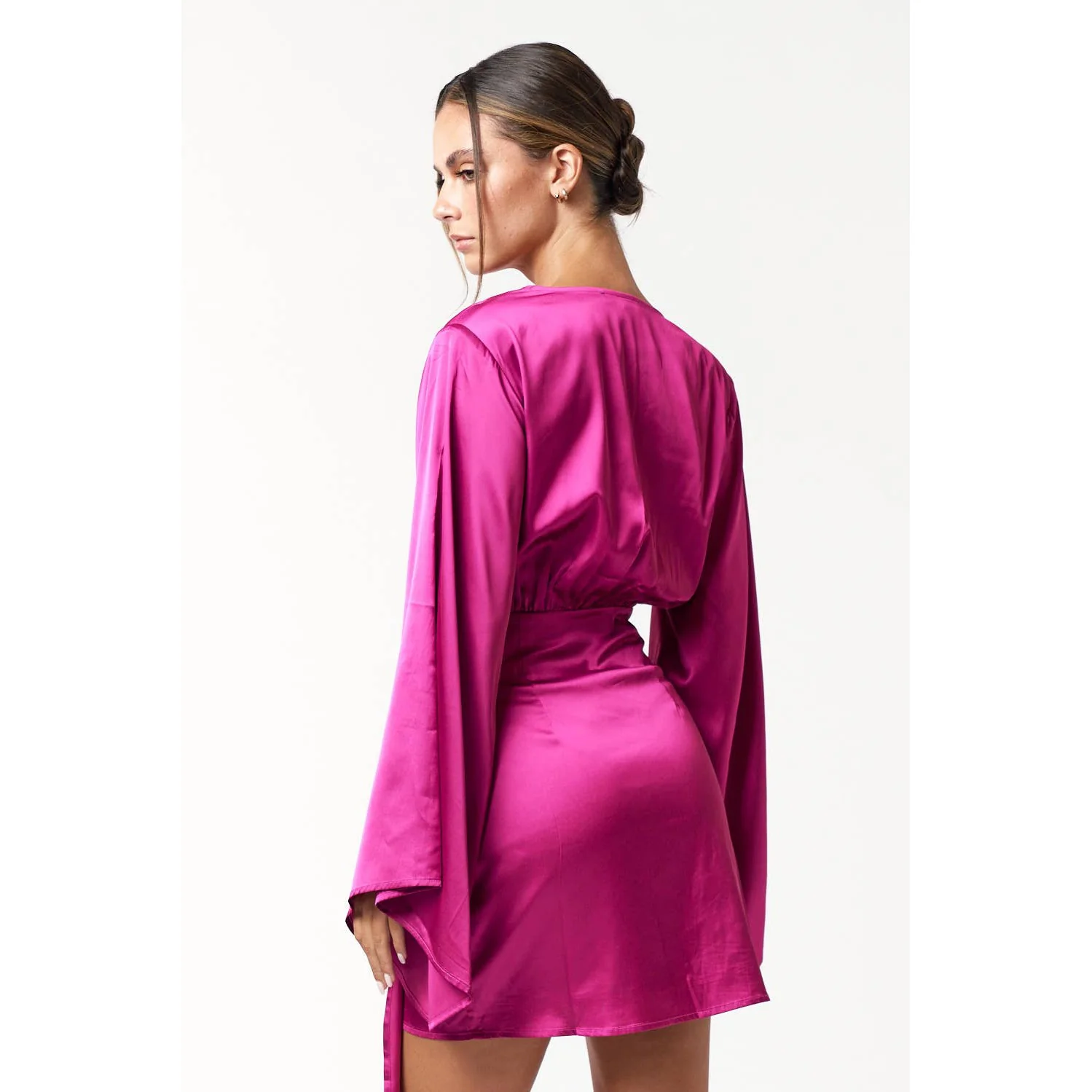 Satin Bell Long Sleeve Wrap Mini Dress in Magenta [Available in Sizes SM-L] - Image 4