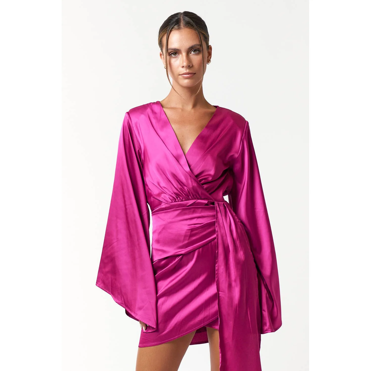 Satin Bell Long Sleeve Wrap Mini Dress in Magenta [Available in Sizes SM-L] - Image 6