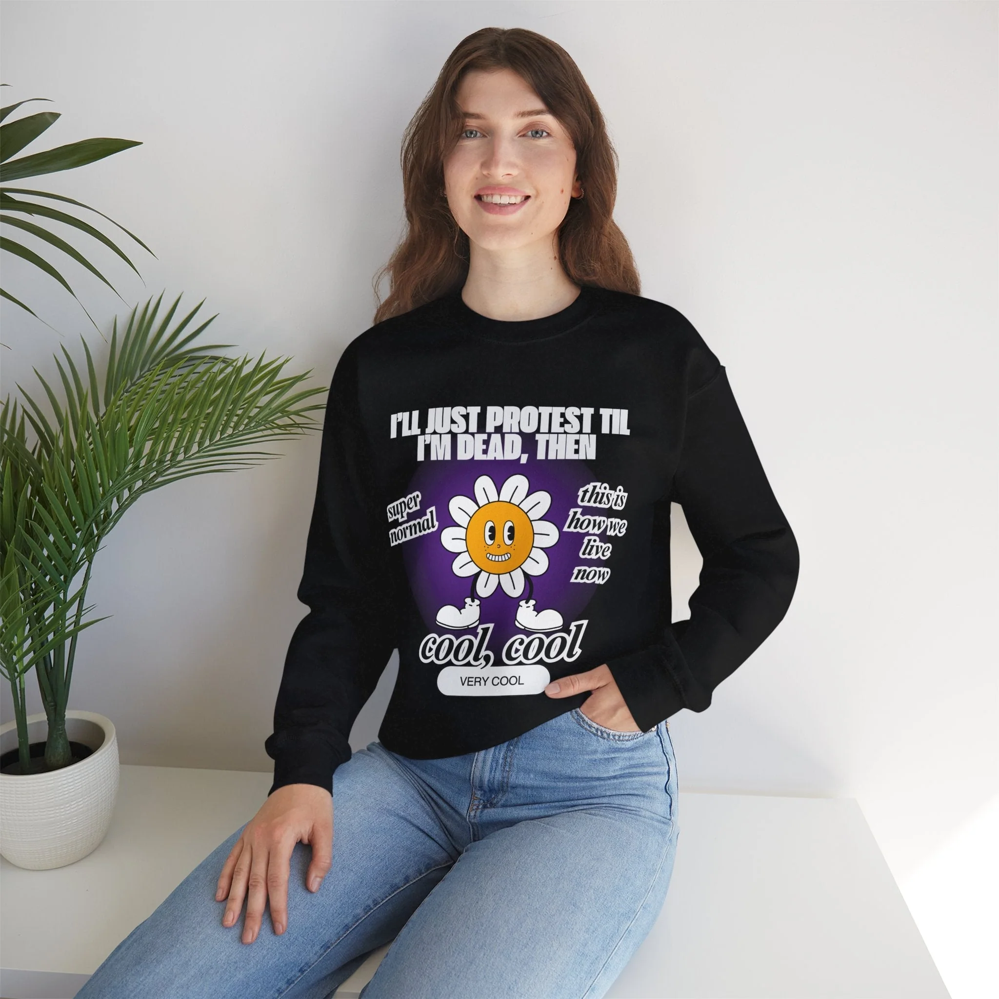 I'll Just Protest Til I'm Dead, Then Groovy Flower Unisex Heavy Blend™ Crewneck Sweatshirt (Sizes S-5X) - Image 10