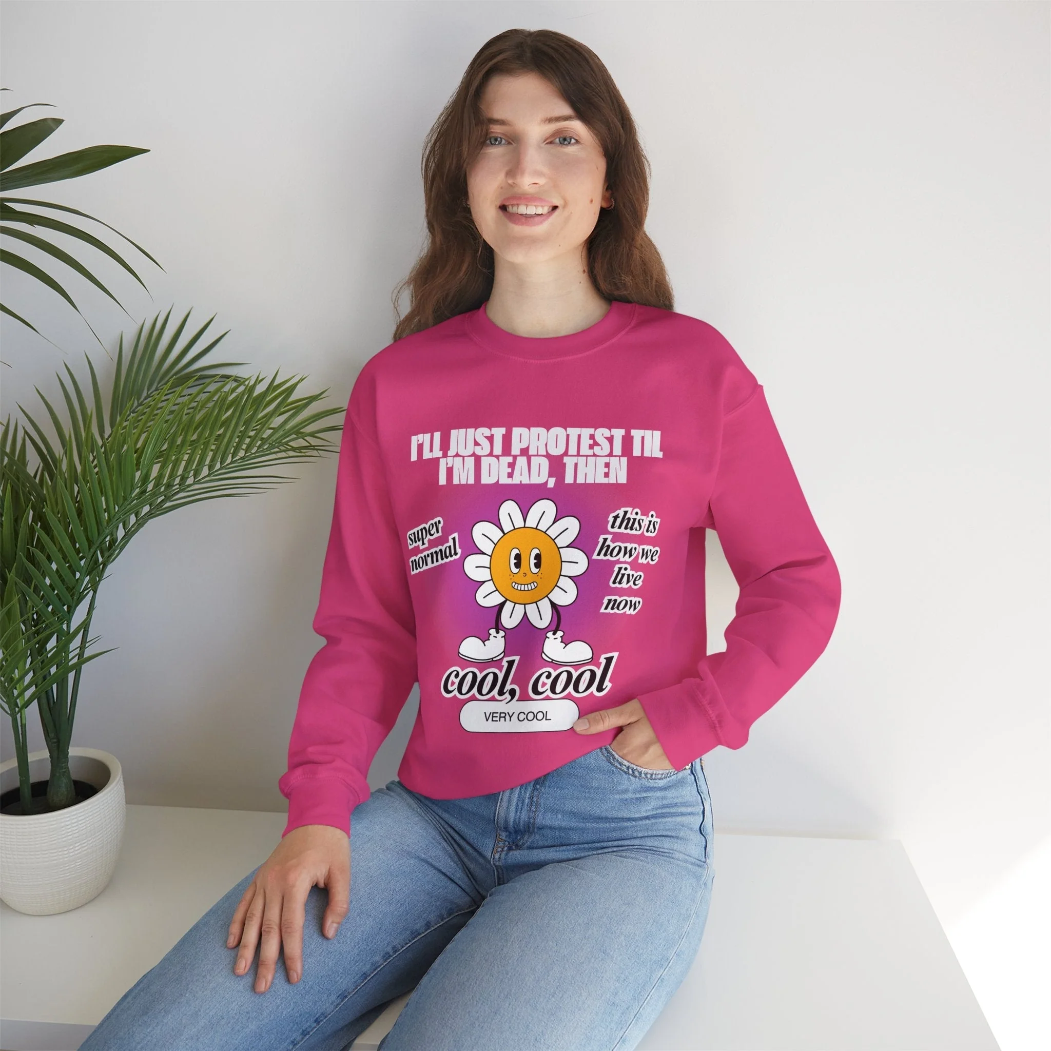 I'll Just Protest Til I'm Dead, Then Groovy Flower Unisex Heavy Blend™ Crewneck Sweatshirt (Sizes S-5X) - Image 9