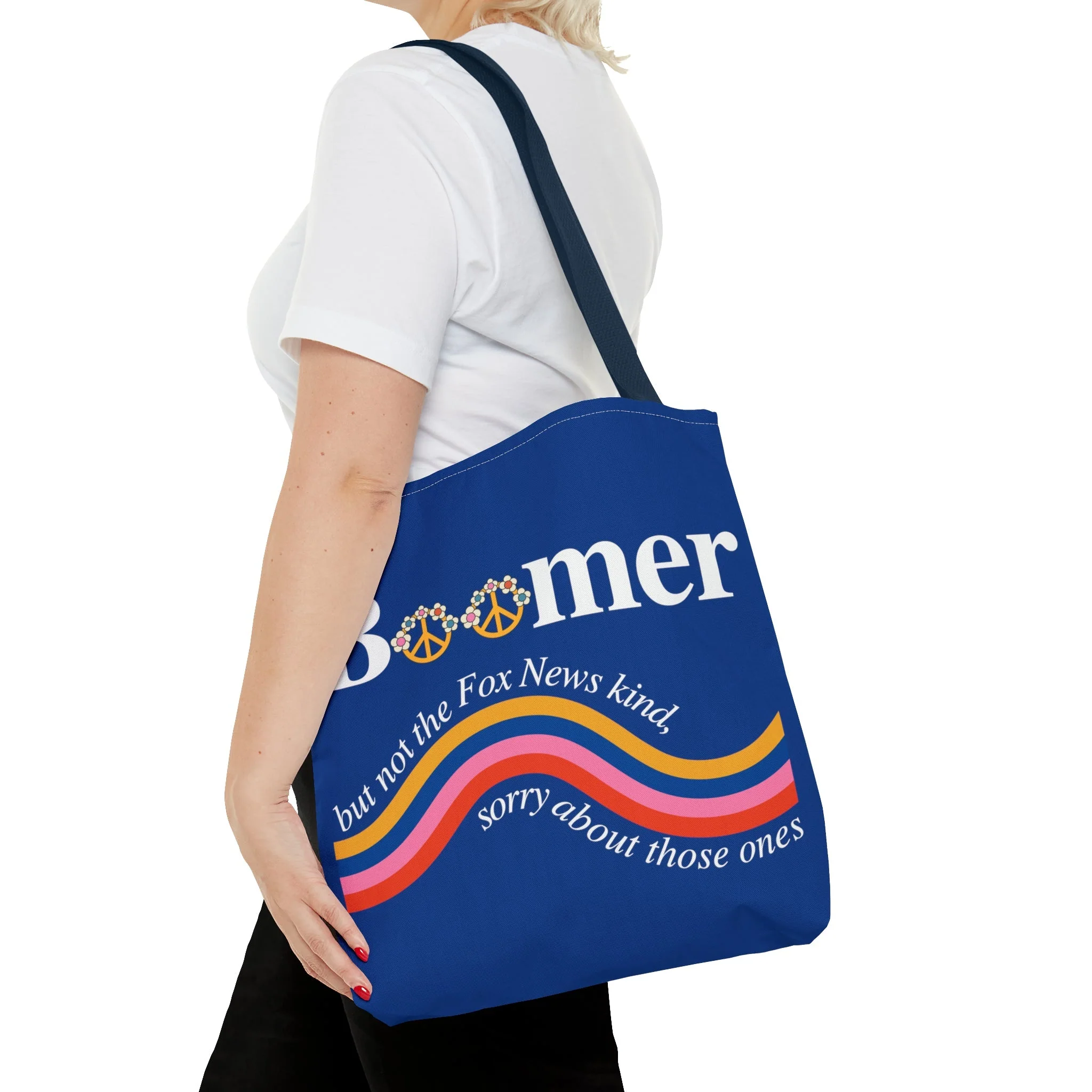 I'm a Boomer But Not the Fox News Kind Tote Bag in Blue | 16" x 16" - Image 4