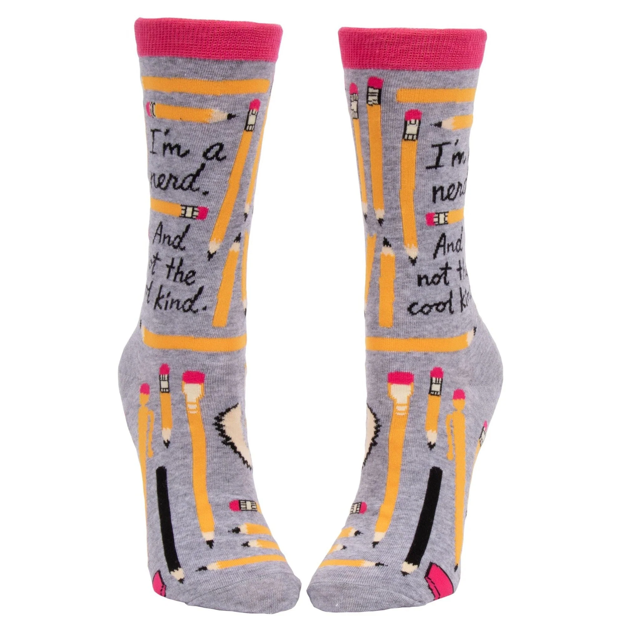 I'm A Nerd and Not the Cool Kind Women's Crew Socks in Heather Gray and Pink | BlueQ at GetBullish - Image 3