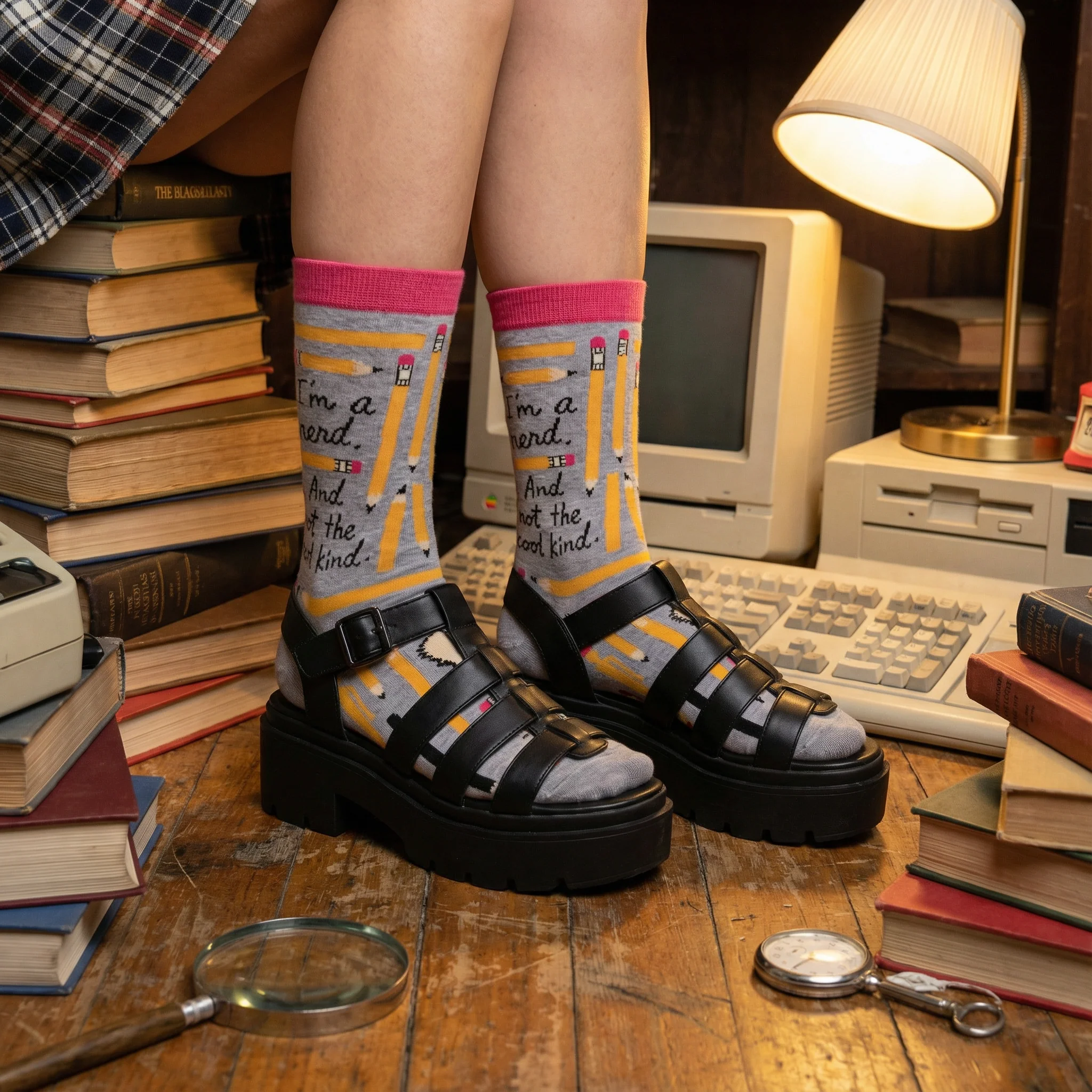 I'm A Nerd and Not the Cool Kind Women's Crew Socks in Heather Gray and Pink | BlueQ at GetBullish - Image 4