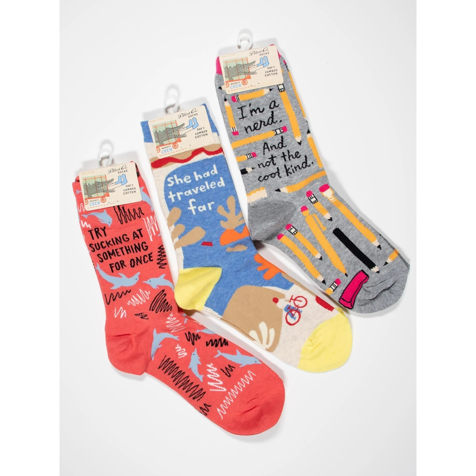 I'm A Nerd and Not the Cool Kind Women's Crew Socks in Heather Gray and Pink | BlueQ at GetBullish - Image 5