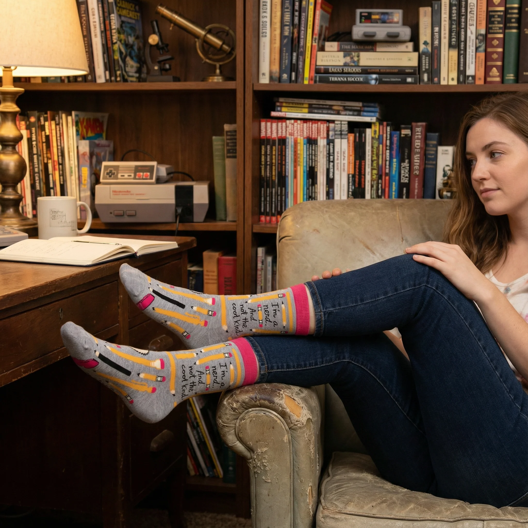 I'm A Nerd and Not the Cool Kind Women's Crew Socks in Heather Gray and Pink | BlueQ at GetBullish - Image 6