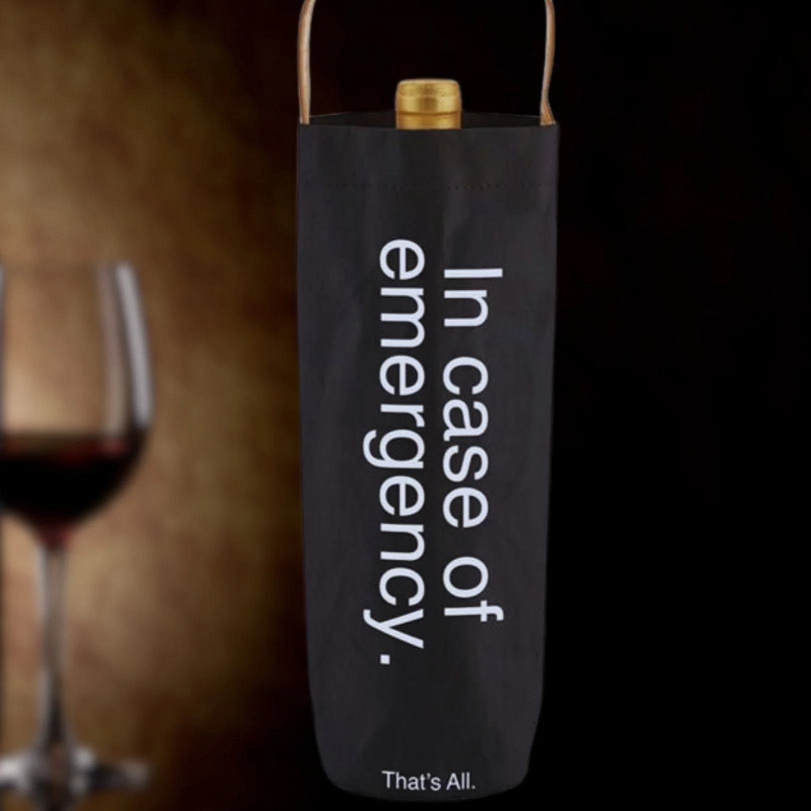 In Case Of Emergency Black Wine Bottle Bag | Gloss Black Tote | Holds Standard Wine Bottle for Gifting - Image 2