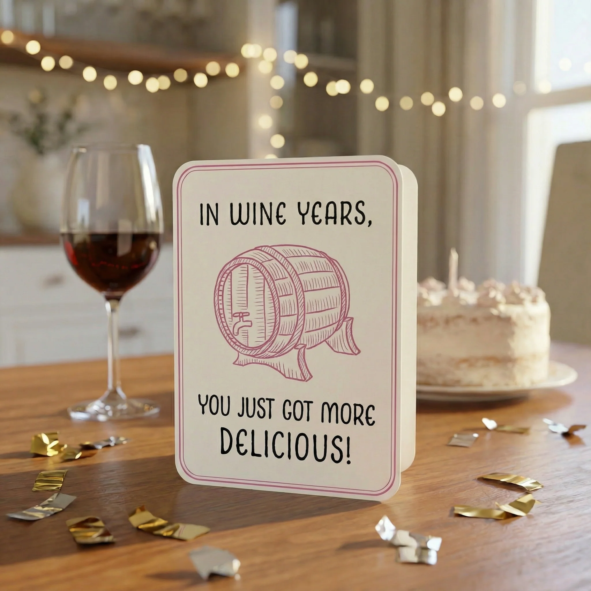 In Wine Years, You Just Got More Delicious Wine Barrel Deluxe Note Card with Sticker - Image 2