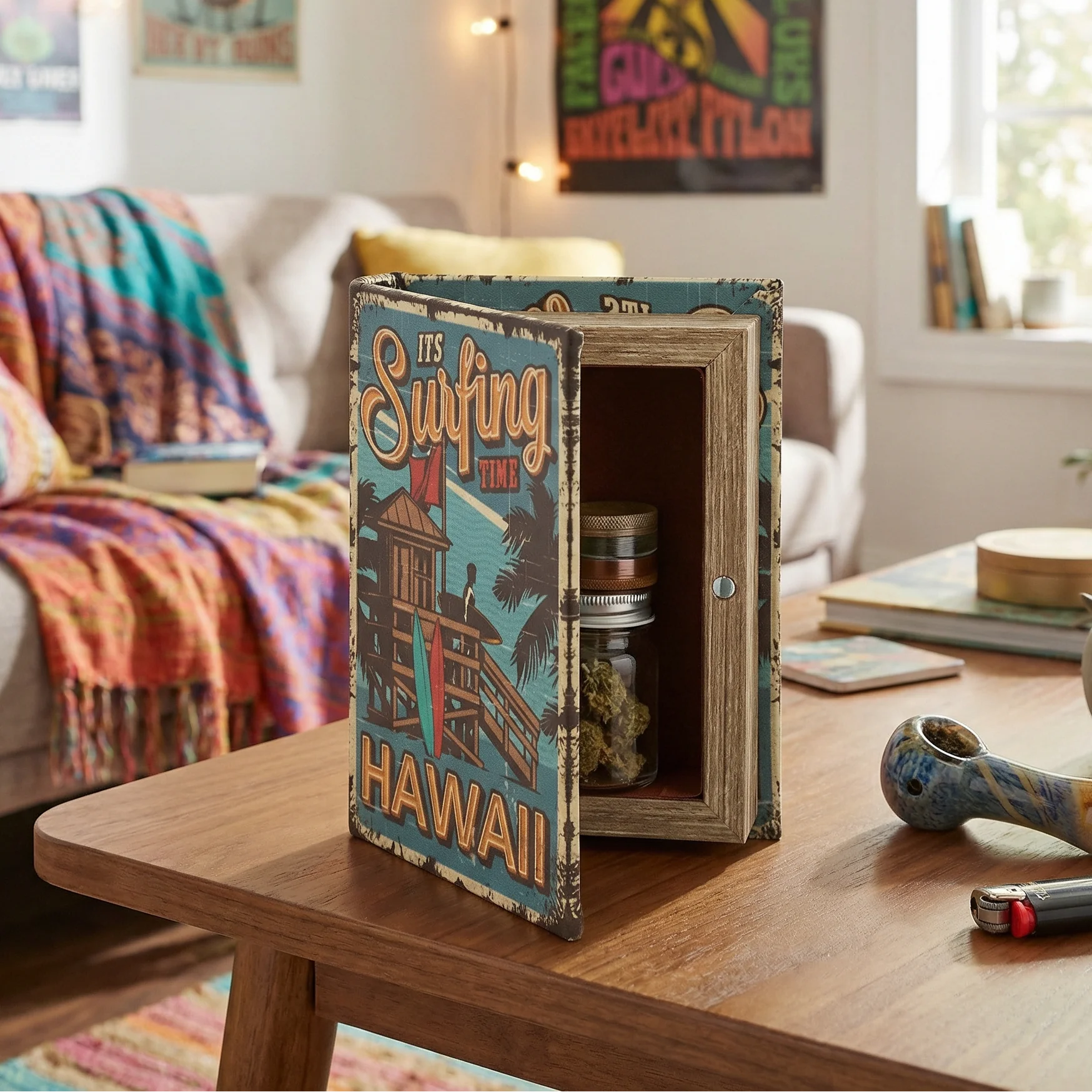 It's Surfing Time Hawaii Book Box | Decorative Vintage Book Shaped Storage Stash Trinket Boxes - Image 2
