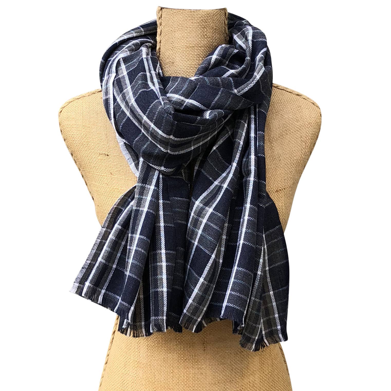 Jordan Navy Grey Plaid Pure Soft Cotton Unisex Scarf | 28" x 72" - Image 2