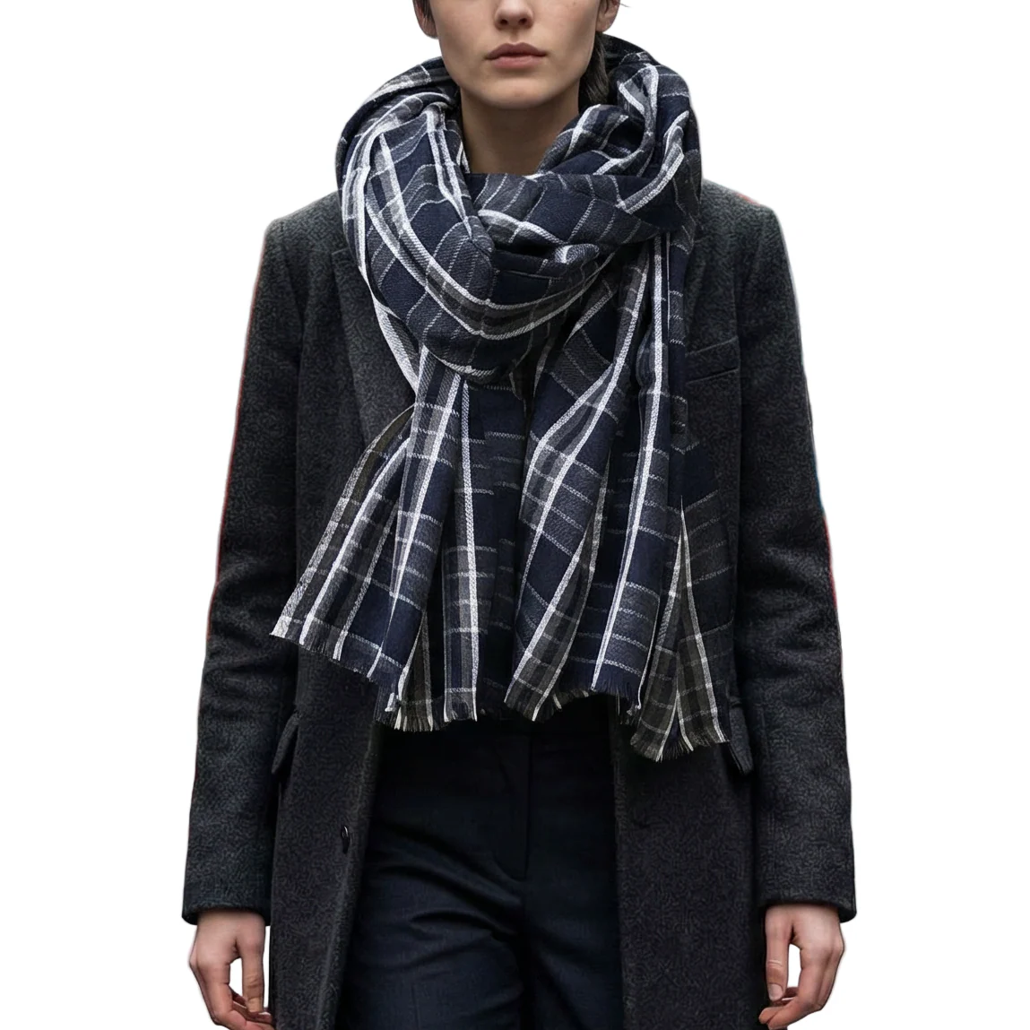 Jordan Navy Grey Plaid Pure Soft Cotton Unisex Scarf | 28" x 72" - Image 4