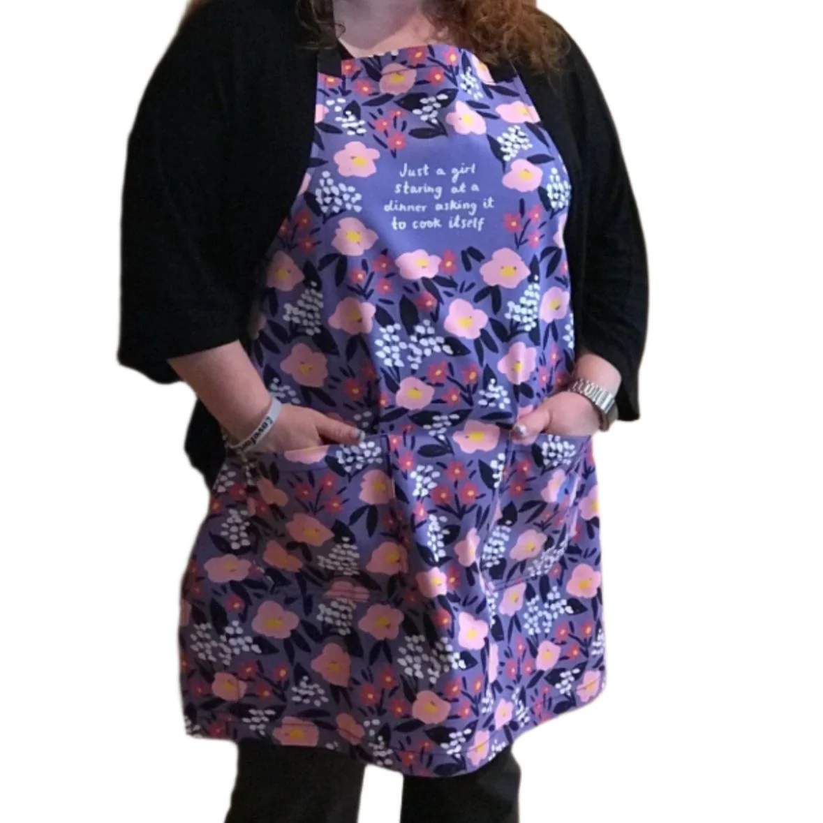 Just A Girl Staring At A Dinner Asking It To Cook Itself Funny Cooking and BBQ Apron 2 Pockets Adjustable Strap 100% Cotton | Gift for Her - Image 3