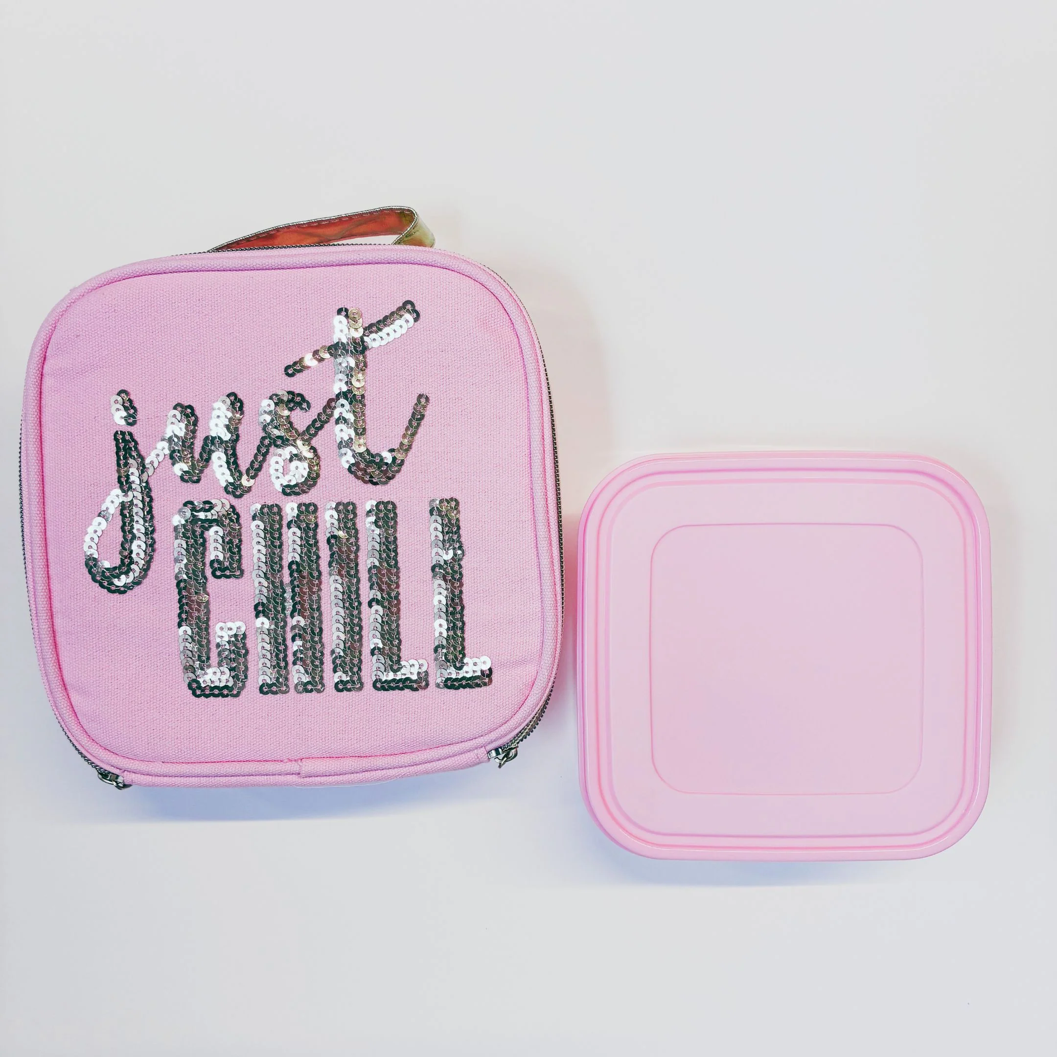 Just Chill Pink Combo Lunch Set | Sequin Embellished Lunch Bag and 6.25" Square Food Container - Image 9