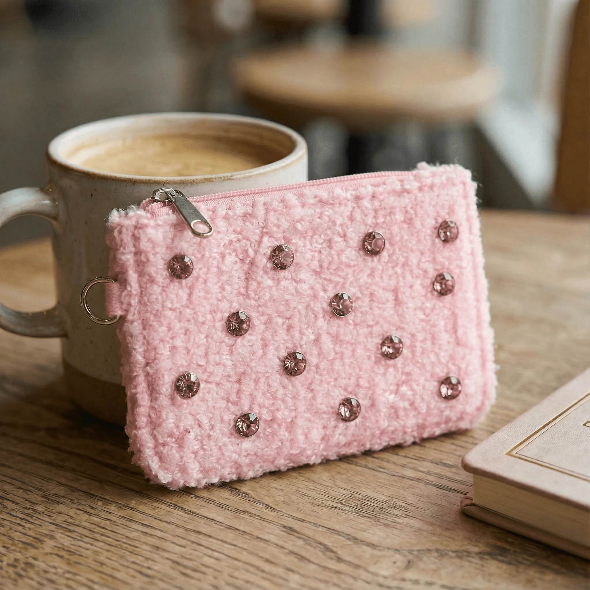 Crystal Embellishment Pink Keychain Pouch | Cards & Cash Key Chain Wallet Purse - Image 3