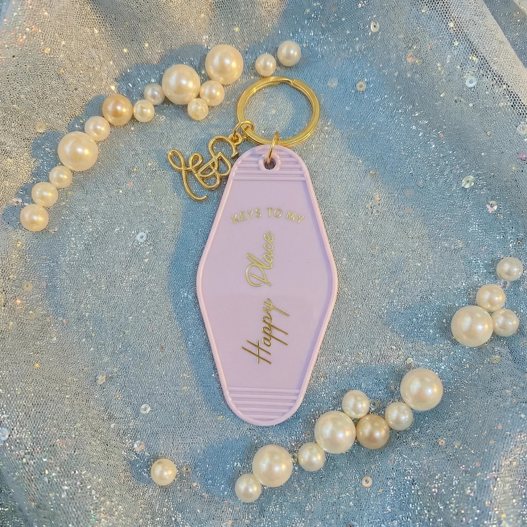 Keys to My Happy Place Motel Style Keychain with Gold Hardware
