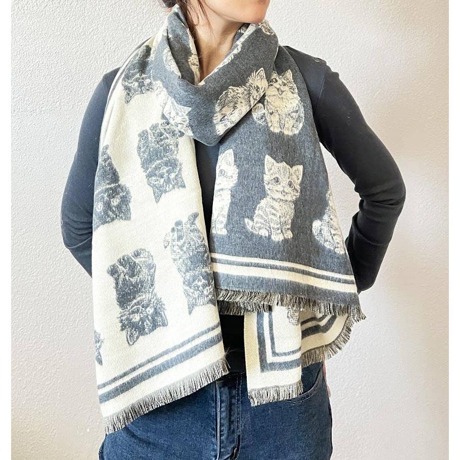 Kitten Print Cashmere Wrap Scarf | Reversible Cat Scarf with Fringe | Black Grey Red - Image 10