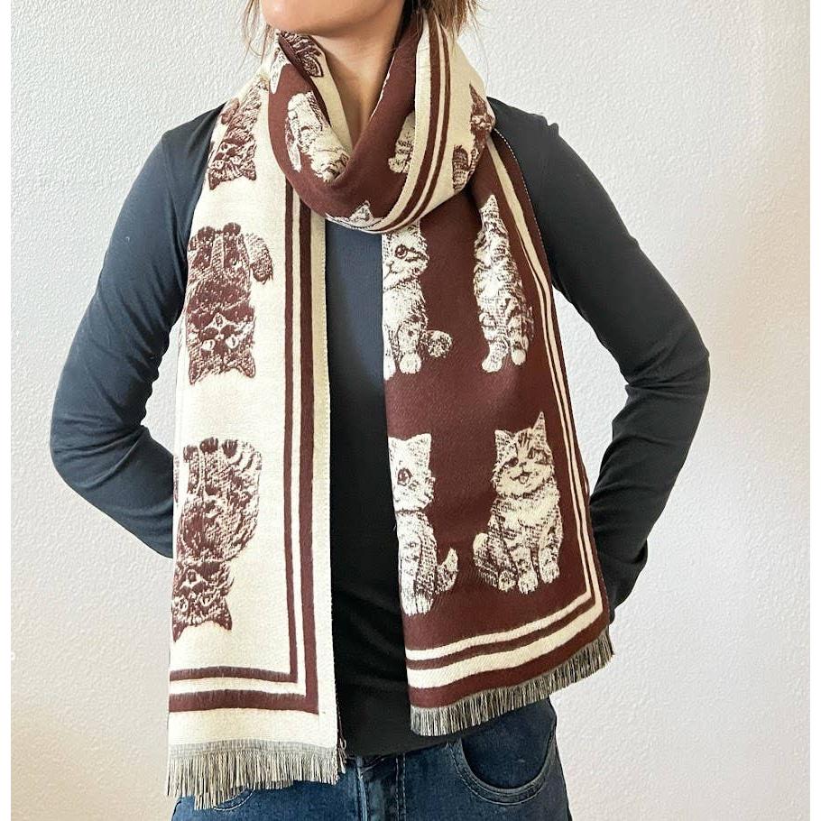 Kitten Print Cashmere Wrap Scarf | Reversible Cat Scarf with Fringe | Black Grey Red - Image 11