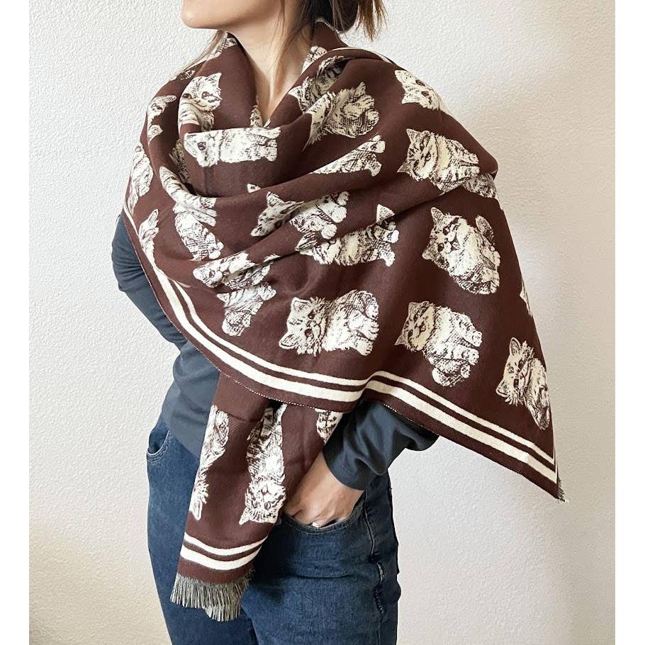 Kitten Print Cashmere Wrap Scarf | Reversible Cat Scarf with Fringe | Black Grey Red - Image 12