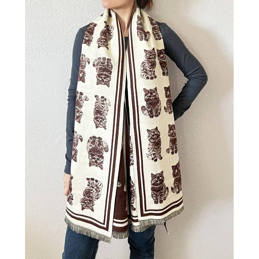Kitten Print Cashmere Wrap Scarf | Reversible Cat Scarf with Fringe | Black Grey Red - Image 13