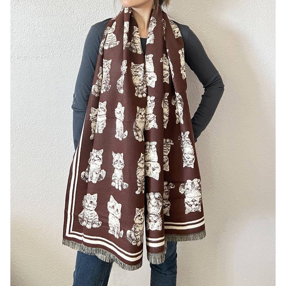 Kitten Print Cashmere Wrap Scarf | Reversible Cat Scarf with Fringe | Black Grey Red - Image 14