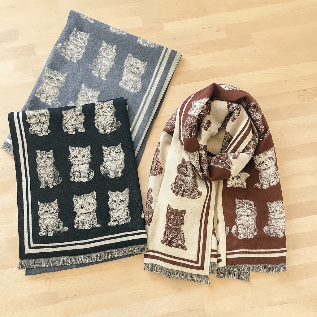 Kitten Print Cashmere Wrap Scarf | Reversible Cat Scarf with Fringe | Black Grey Red - Image 18