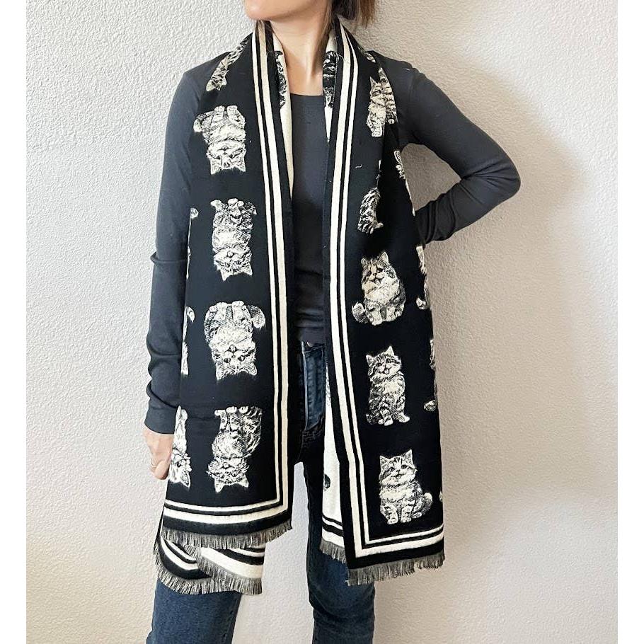Kitten Print Cashmere Wrap Scarf | Reversible Cat Scarf with Fringe | Black Grey Red - Image 2