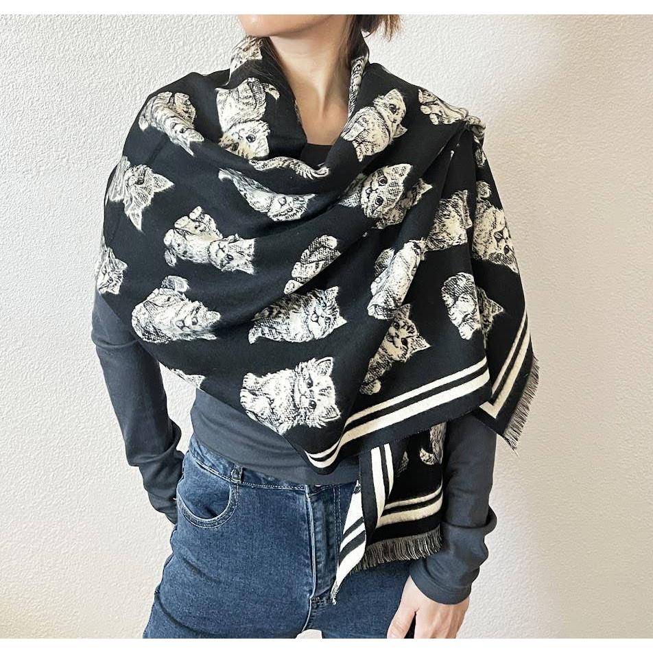 Kitten Print Cashmere Wrap Scarf | Reversible Cat Scarf with Fringe | Black Grey Red - Image 3
