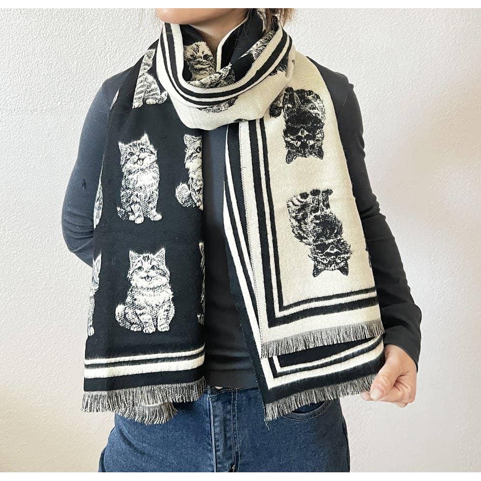 Kitten Print Cashmere Wrap Scarf | Reversible Cat Scarf with Fringe | Black Grey Red - Image 4