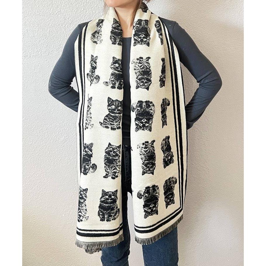 Kitten Print Cashmere Wrap Scarf | Reversible Cat Scarf with Fringe | Black Grey Red - Image 5
