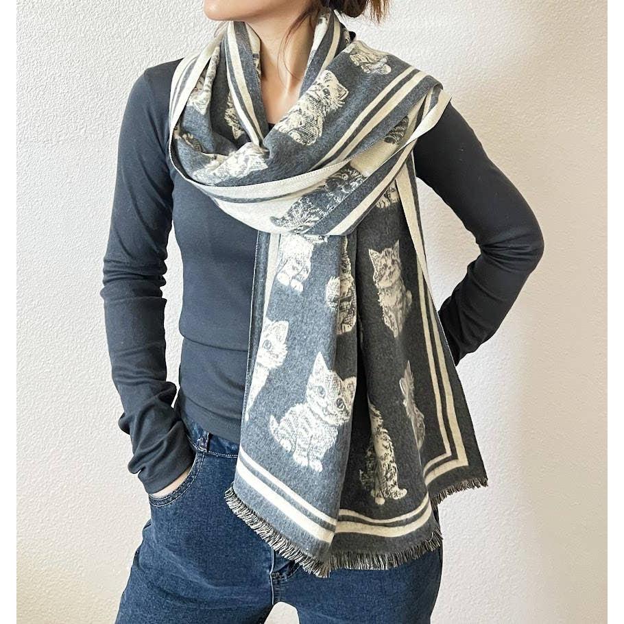 Kitten Print Cashmere Wrap Scarf | Reversible Cat Scarf with Fringe | Black Grey Red - Image 7