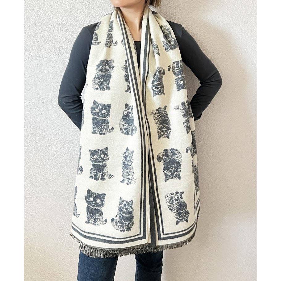Kitten Print Cashmere Wrap Scarf | Reversible Cat Scarf with Fringe | Black Grey Red - Image 8