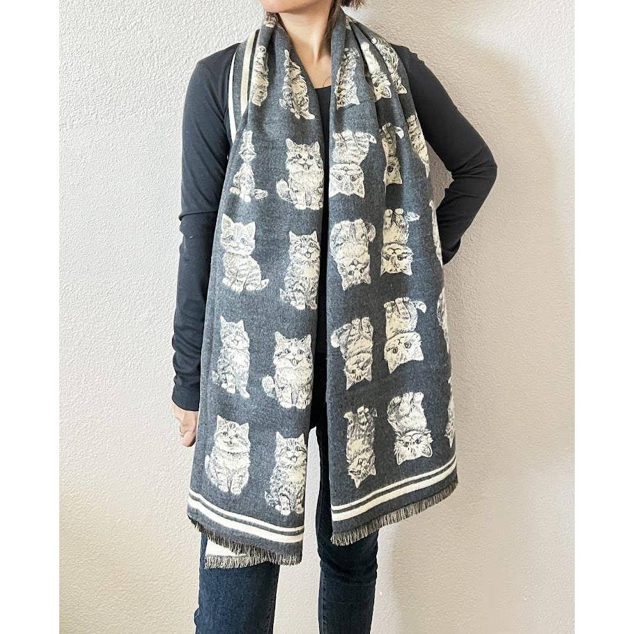 Kitten Print Cashmere Wrap Scarf | Reversible Cat Scarf with Fringe | Black Grey Red - Image 9